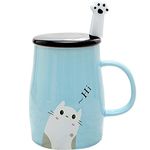 Angelice Home Cute Blue Cat Mug, Funny Ceramic Cofffee Mug with Stainless Steel Spoon, Novelty Coffee Mug for Crazy Cat Lovers