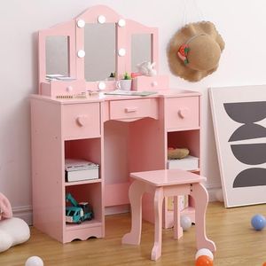 Kids Vanity Set With Mirror, 2-In-1 Wooden Toddler Vanity Table With Stool, Tri-Folding Mirror & Drawer,Princess Pretend Play Makeup Vanity Princess Makeup Desk Dressing Table for Little Girls