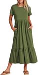 ANRABESS Women's Summer Casual Short Sleeve Crewneck Swing Dress Casual Flowy Tiered Maxi Beach Dress with Pockets 727ganlanlv-XXL Army Green