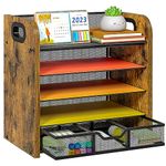 DAOUTIME 5 Tier Mesh Desk Organizer with Drawer, Wood Desktop File Organizer with Handle, Metal Paper Letter Tray Organizer, File Sorter Document Holder, Filing Cabinets for Home Office, School