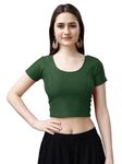 Pujia Mills Women's Readymade Dobby Cotton Lycra Stretchable Round Neck Short Sleeve Blouse Fancy Green Color Lycra Stretchable Blouse for Women Stylish Readymade Saree Blouse