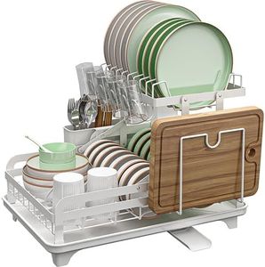 Hoisimdy Dish Drying Rack 2 Tier Dish Rack Kitchen Large Capacity Dish Drainer with Auto Drainage (White)