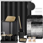 XLHOMO 24PCS Bathroom Sets with Shower Curtain and Rugs,Black Bathroom Accessories Set Waterproof Black and White Shower Curtain Set, Toilet Brush, Trash Can & Bathroom Rug