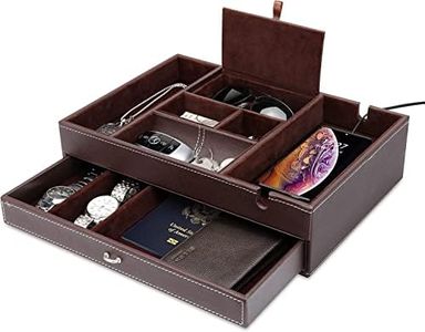 Mens Valet Box，2 Layers Dresser Top Nightstand Organizers, EDC Dump Tray, Catch All Tray, Jewelry Storage Box with Large Charging Station for Jewelry Key Wallet and Phone Brown