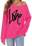 florynova Women's Off The Shoulder Tops Casual Long Sleeve Sweaters Boat Neck Blouse Graphic T-Shirt(Hot Pink, 2XL)