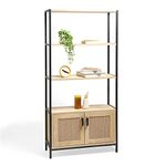 VonHaus Rattan Bookshelf - Tall Bookcase with Doors for Living Room - Large Light Wood Effect Shelving Unit w/ 3 Open Shelves & Wicker Storage Cupboard - Industrial Scandi Style for Lounge - Lena