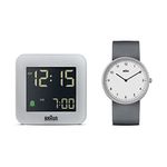 Braun Gift Set Bundle 2-Hand Analogue Quartz Watch with White Dial and Grey Silicone Rubber Strap and Braun Digital Travel Alarm Clock in Grey, Model BN0231WHGYG, BC08G (2 Pack)