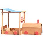 Big Game Hunters Wooden Sandbox - Choo Choo Train Sandpit with Canopy Shade Roof, Bench Seats, Toy Storage, and Protective Cover - Outdoor Children's Sand Pit for Garden Fun