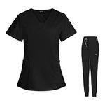 Baoblaze Female Scrub Set, Durable Short Sleeves v neckline Top and Pants Work Clothing, Black, L