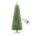 SHareconn 6ft Premium Prelit Artificial Hinged Slim Pencil Christmas Tree with Remote Control, 240 Warm White & Multi-Color Lights, Full Branch Tips, First Choice Decorations for Xmas, 6 FT, Green