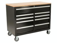 The Workplace Depot Rolling Work Table – Mobile Workbench with 9 Drawers, Solid Wood Top, Black Powder-Coated Steel, Central Lock & 120mm Wheels – Ideal for Garages, Workshops & Trade