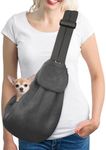 SlowTon Pet Carrier, Doggie Cat Hand Free Sling Carry Dog Papoose Carrie Adjustable Padded Shoulder Strap Tote Bag with Front Pocket Safety Belt Outdoor Travel Puppy Carrying for Walking Subway (Grey Mesh, For Pets 4-6 KG)