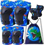 Dinosaur Knee and Elbow Pads for Kids Boys 6 in 1 Adjustable Protective Gear Set with Drawstring Bag, 3-8yrs