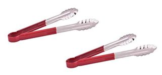 THW 12 Inch Stainless Steel Utility Tongs with Red Vinyl Coated Handle- Heavy Duty Long Kitchen Tongs for Barbecue Grilling Cooking Roasting Serving Buffet Salad Ice Oven, Pack of 2 Pieces