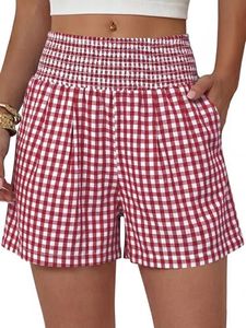 ANRABESS Women High Waisted Shorts, Striped & Gingham Lounge Pajama Beach Shorts with Pockets, Cute and Casual for Daily Wear Red White Plaid Medium