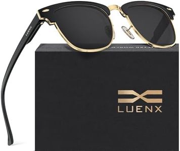 LUENX Retro Polarized Square Sunglasses for Men and Women with Semi Rimless, 52MM Non-mirrored Black Lens Glossy Black Frame with Spring Hinge