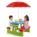 DORTALA Kids Picnic Table, Outdoor Toddler Table and Bench Set with Removable Umbrella, Plastic Kids Activity Table Set for Backyard, Garden, Nursery, Gift for Boys Girls Age 3+, Red