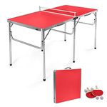 GYMAX Indoor Table Tennis Table Set, Folding Ping Pong Table with Net, 2 Paddles & 2 Balls, Multipurpose Free Standing Table Tennis Table Kit (Red)