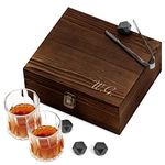 Maverton Whiskey stones set with 2 glasses for man - Chilling rocks in wooden engraved box - 8 reusable ice cubes - Present for a whiskey lover - Gift For connoisseur - Elegant