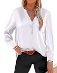 Beyove Satin Button Down Silk Blouse Women's V Neck Roll Up Long Sleeve Loose Top Business Work Office Shirt White L