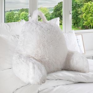 Cheer Collection Fluffy Reading Pillow Chair - Shaggy Hair Chair Pillow with Arms for Bed & Couch, White