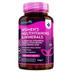 Women's Multivitamins and Minerals - 24 Essential Active Vitamins and Minerals with Added Hyaluronic Acid - 180 Vegan Tablets - No Synthetic Fillers or Binders - Made in The UK by Nutravita