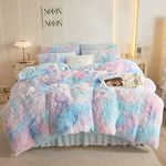 HAIHUA Fluffy Comforter Cover Set, Fluffy Plush Shaggy Duvet Cover 2 Pieces Set (1 Faux Fur Duvet Cover + 1 Plush Pillow Cases) Velvet Bedding Twin Bed Set,Zipper Closure (Tie Dye Blue, Twin)