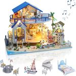 GuDoQi Miniature Dolls House Kit with Music, DIY Miniature House Model Kits to Build, Handmade Crafts for Adults, Make Your Own Birthday, Father's Day, Blue Sea Villa