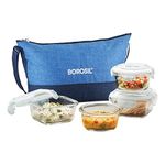 Borosil Prime Daisy Lunchbox | 4 pc Set (320 ml x 2 Square + 240 ml x 2 Round) | Borosilicate Glass | Microwave & Dishwasher Safe, Leakproof | Tiffin for Office/School/College | Blue, Transparent