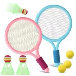 Kids Tennis Racquet Set Funny Tennis Racket with 2 Badminton Rackets and 3 Shuttlecocks(Over 3 Years Old) for Indoor Outdoor Backyards Lawn Beach Sports Game，Multicoloured