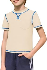 Haloumoning Boys Athletic Short Sleeve T-Shirts Kids Quick Dry Rash Guard Swim Shirt Tops Tees 5-14 Years Khaki