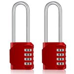 ZHEGE Long Shackle Padlocks, 4 Digit Combination Padlocks for Lockers, Number Lock, Outdoor Padlock Weatherproof for Gate, Door, Shed,Fence,Garage, Container (2 Pack, Red)