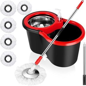 Mop and Bucket with Wringer Set, 360° Spinning Mop Bucket System with 5 Microfiber Mop Replacement Heads and Stainless Steel Adjustable Handle for Cleaning Floors