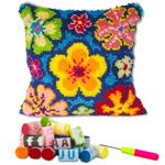 LAPATAIN Latch Hook Kits for DIY Throw Pillow Cover,Colorful Flowers Pattern Needlework Cushion Cover Hand Craft Crochet for Great Family 16.5x16.5inch