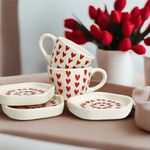 Praahi Lifestyle Ceramic Love Latte Coffee Mug & Dessert Plate Set | Red Heart | Perfect for Home and Office | Set of 2 Cups & 2 Plates, 300 ML | Best for Diwali Gift