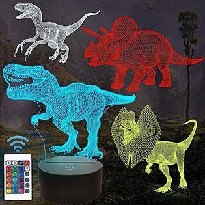 FULLOSUN Dinosaur Bedside Lamp, 3D Dinosaur Hologram Illusion Night Light for Kids (4 Patterns) with Remote Control 16 Colors Changing Dimmable Function, Cool Christmas Birthday Gifts for Boys Child