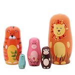 Veewon Nesting Dolls Handmade Wooden Cute Cartoon Animals Pattern Matryoshka Animal Doll Russian Dolls Kids Gifts Toy 6" - 5pcs