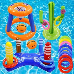 gemle Pool Toys Games Set,Pool Basketball Hoop Inflatable Cross Ring Toss Game and Inflatable Cactus Ring Toss Kids Pool Toys for Teens Adults and Family (3 Set Water Toys)