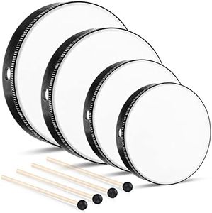 4 Pcs Kids Hand Drum Adults Wood Frame Drum Set with Drum Stick 12 Inch 10 Inch 8 Inch 6 Inch Percussion Musical Instruments for School Kids Adults Beginners Home Party Supplies (Black)