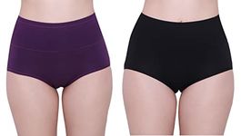 GLAMORAS® Women's Regular Cotton Spandex Underwear Tummy Control High Waist Ladies Panties Full Coverage Seamless Briefs | Free Size Soft Breathable Ladies Panties - Pack of 2 Black,Purple