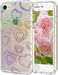 Abbery Compatible with iPhone SE 2022/SE 2020/iPhone 7/8/6/6S Case Glitter Bling Cute Clear with Holographic Hearts Design Sparkle Transparent Soft TPU&Hard PC Shockproof Protective Sturdy Phone Case