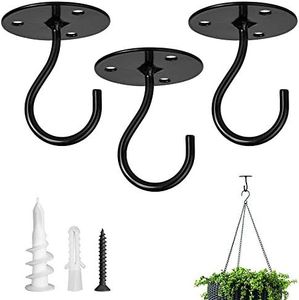Ceiling Hooks for Hanging Plants-Heavy Duty Wall Mount Hanger Bracket for Hanging Bird Feeders, Lanterns, Wind Chimes, Planters, Outdoor Decoration (3 Pack) (Black)
