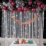 SpecialYou Maroon and Black Happy Birthday Decoration Kit with white Sheer Net Curtain Backdrop cloth for decoration & photography, LED Fairy Lights 40ft, burgundy Balloons for Birthday Decor- 73 Pcs