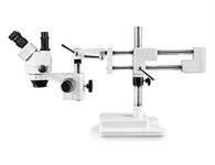 Vision Scientific Trinocular Zoom Stereo Microscope, 10x Widefield Eyepiece, 0.7x-4.5x Zoom Range, 7x-45x Magnification Range, Double Arm Boom Stand