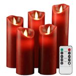 Battery Candles, 5.5"/6"/6.5"/7"/8"Set of 5 Real Wax Not Plastic Pillars Include Realistic Dancing LED Flames and 10-Key Remote Control with 2/4/6/8-hours Timer Function 200 Hours-YIWER (5x1, Red)