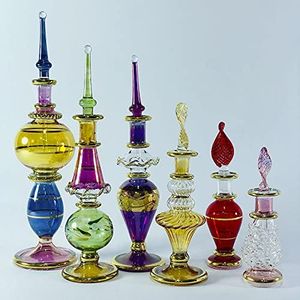 Egyptian Hand Blown Glass Egyptian Perfume Bottles, Glass blown Genie bottles potions Perfume Bottles Wholesale Set of 6 Miniature bottles Size from 2 to 5 inches long with handmade Gold decorative vials. Assorted colors for essential& perfume oils by