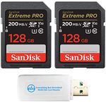 SanDisk 128GB SD Extreme Pro Memory Card (Two Pack) Works with Nikon D3500, D7500, D5600 Digital DSLR Camera (SDSDXXD-128G-GN4IN) Bundle with (1) Everything But Stromboli MicroSDXC & SD Card Reader