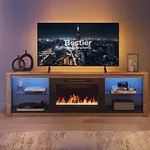 Bestier Fireplace TV Stand for 75 inch TV with 23 inch Electric Fireplace, 70 inch Entertainment Center with LED Light, Glass Shelves for Living Room, Wash Gray