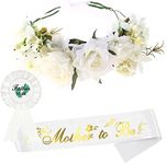 Baby Shower Decorations for Mom to Be - Set of 3 Adjustable Flower Crown Tiara, Sash for Mommy and Pin for Daddy, White Gender Reveal Party Gift Favors for Expectant Parents