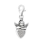 Quiges 925 Sterling Silver White Cubic Zirconia 3D Cupid Angel Heart Lobster Clasp Charm Clip on Pendant